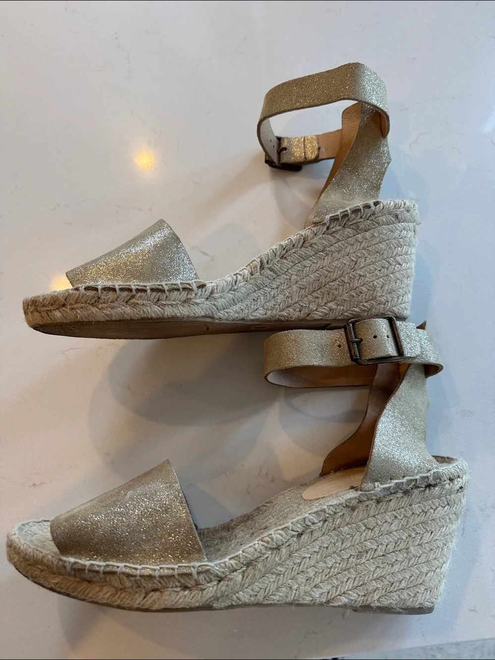 J Crew Gold Sparkle Espadrille Wedge Sandals with Ankle Buckle Strap Sz: 11